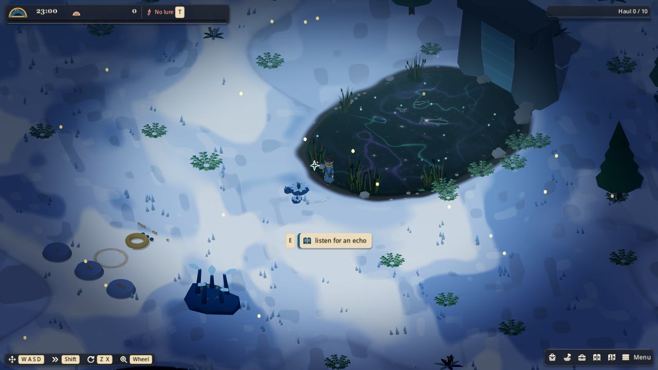 A luminous fishing pool below a waterfall in Tidecaller at night