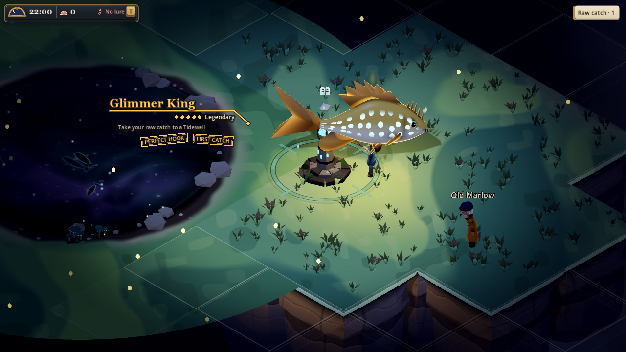 A legendary Glimmer King catch beside a glowing pool