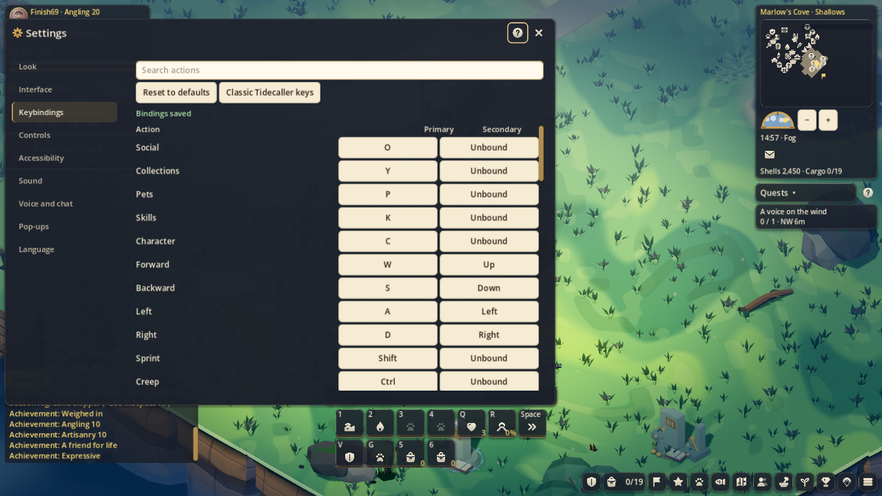 Actual Tidecaller keybindings window with primary and secondary controls
